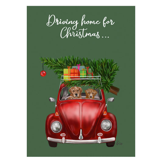 |grün |Weihnachtskarte Amy und Bailey Driving Home for Christmas |Karte VW Käfer