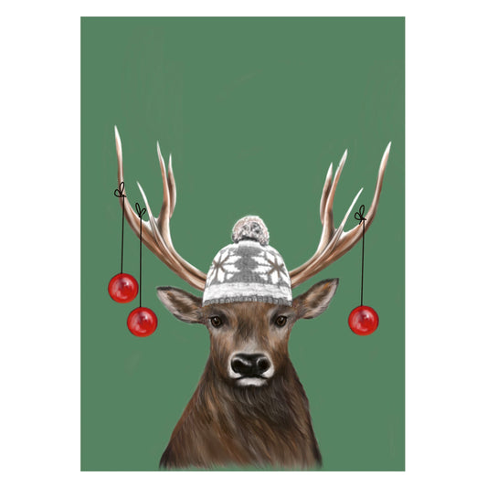 |grün |Weihnachtskarte Hirsch mit Weihnachtskugeln |Karte Pudelmütze