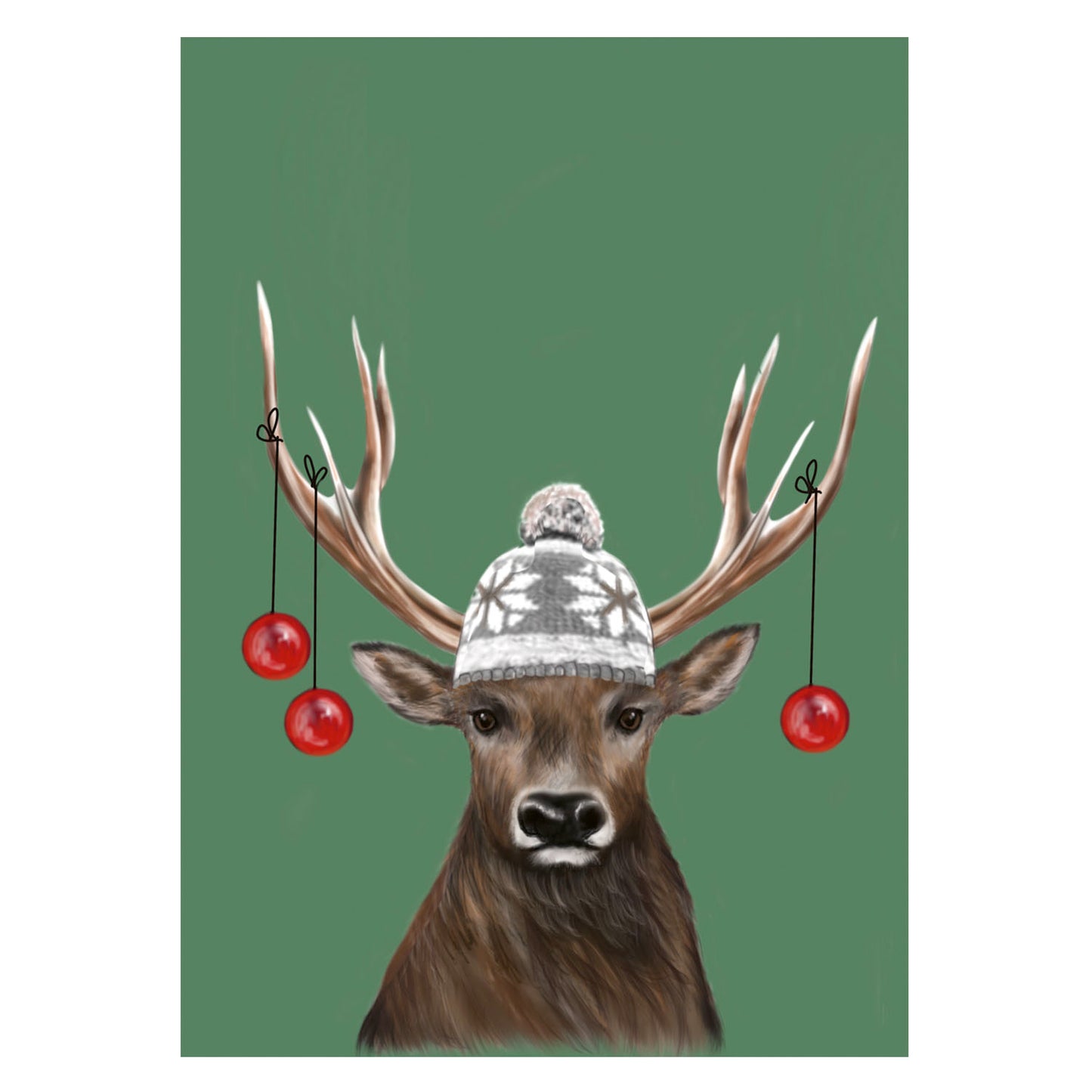 |grün |Weihnachtskarte Hirsch mit Weihnachtskugeln |Karte Pudelmütze