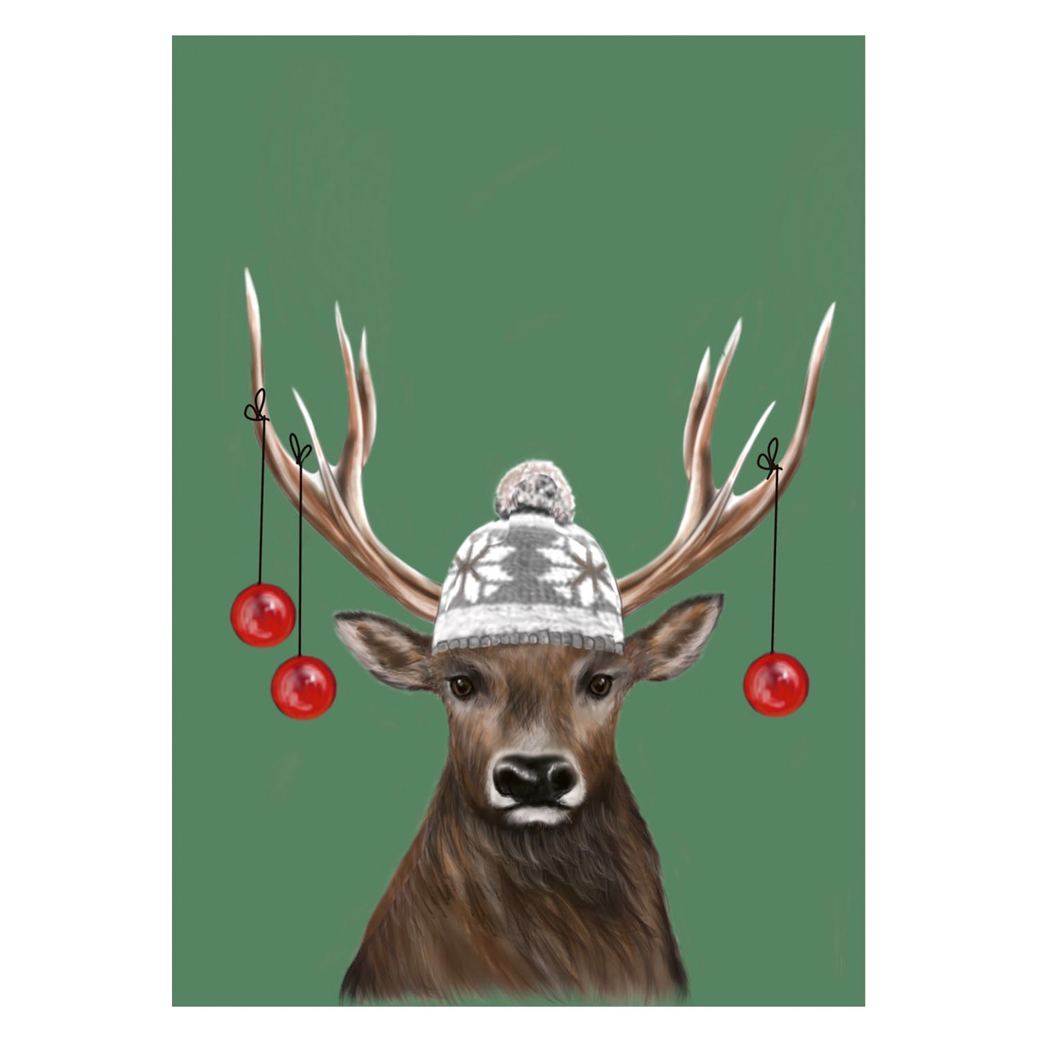 |grün |Weihnachtskarte Hirsch mit Weihnachtskugeln |Karte Pudelmütze