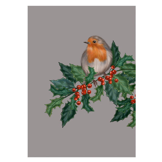 |grau |Weihnachtskarte Rotkelchen in Stechpalme